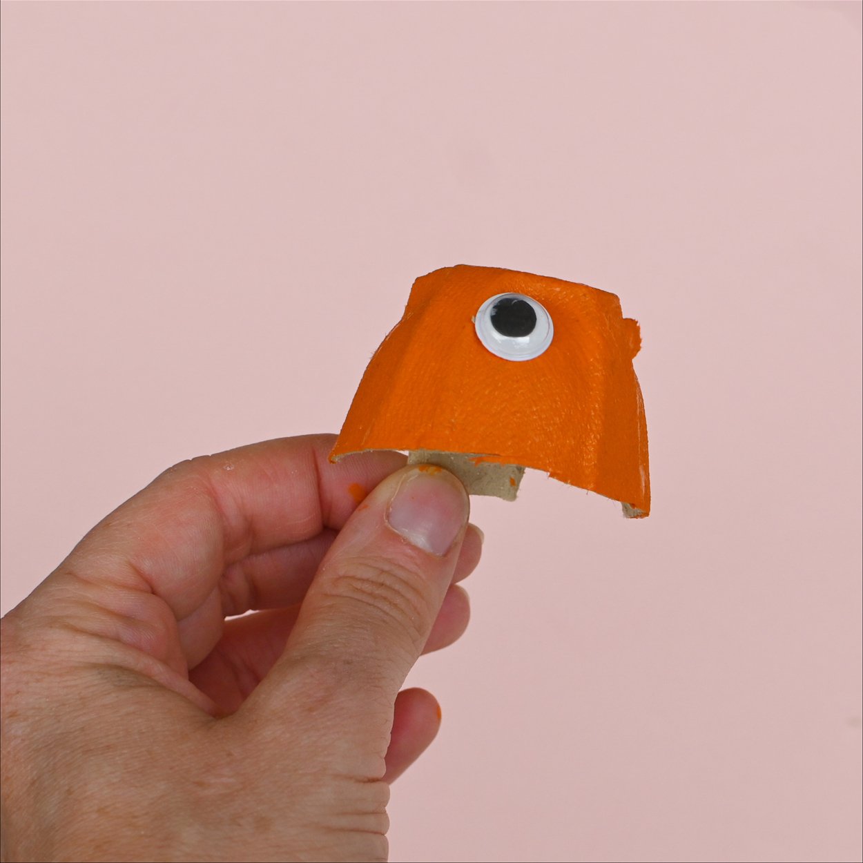 Image shows someone holding the orange egg carton cut out with a googly eye stuck on.